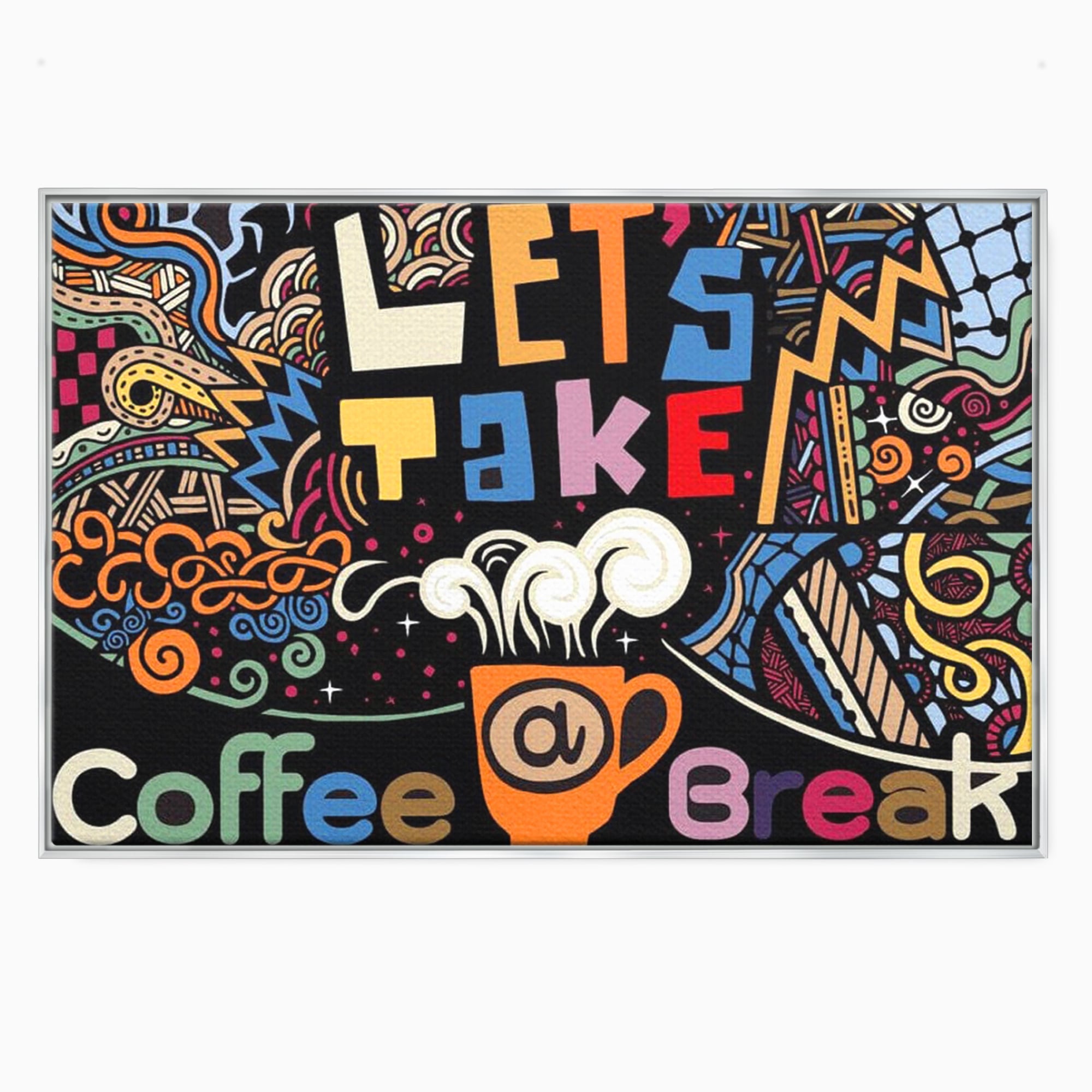 Tablou canvas cu tablou canvas cu ilustratie cafea si doodle, in rama de aluminiu argintiu